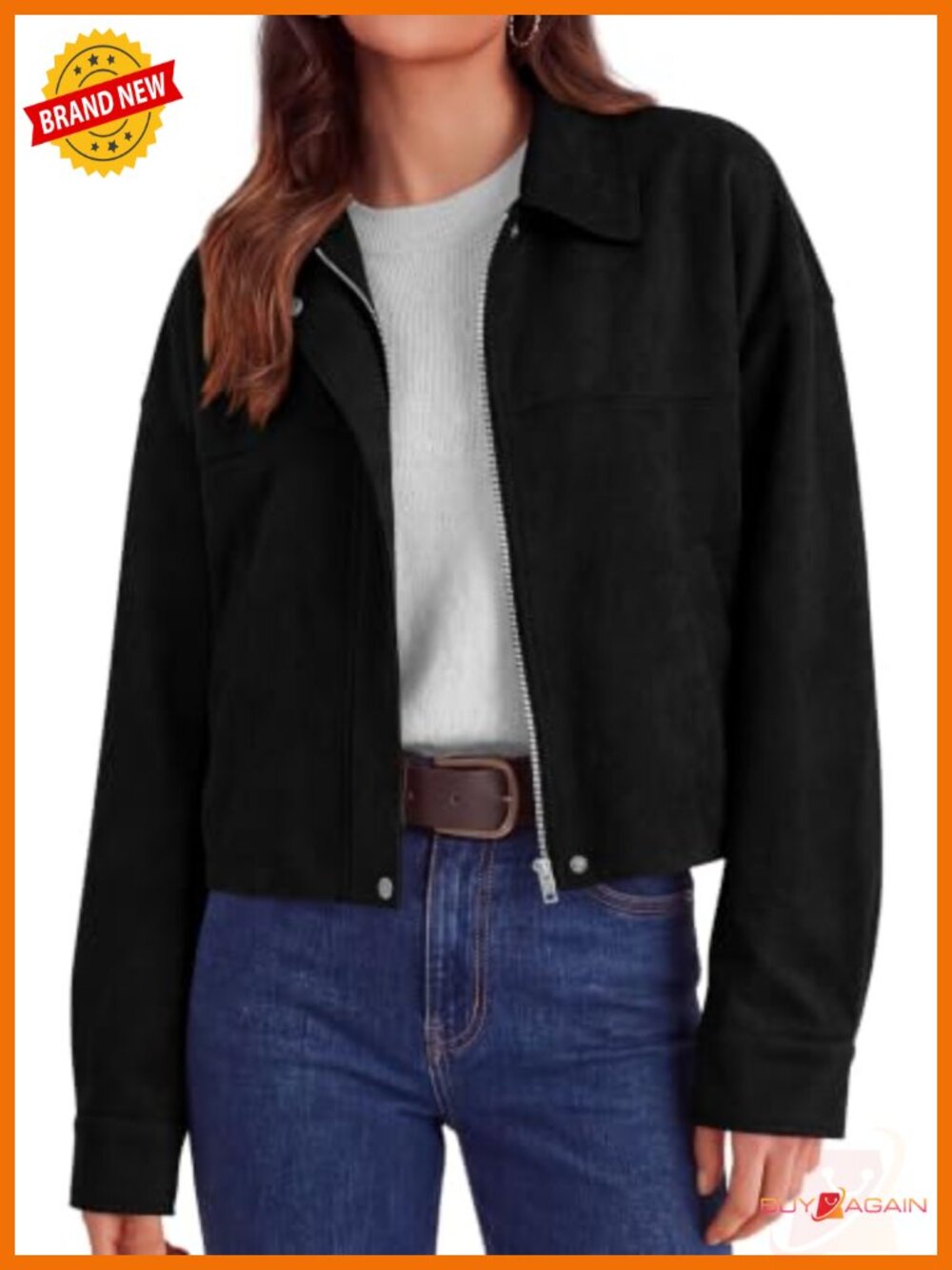 Faux Suede Cropped Zip Up Jacket Womens Casual Fall Coat